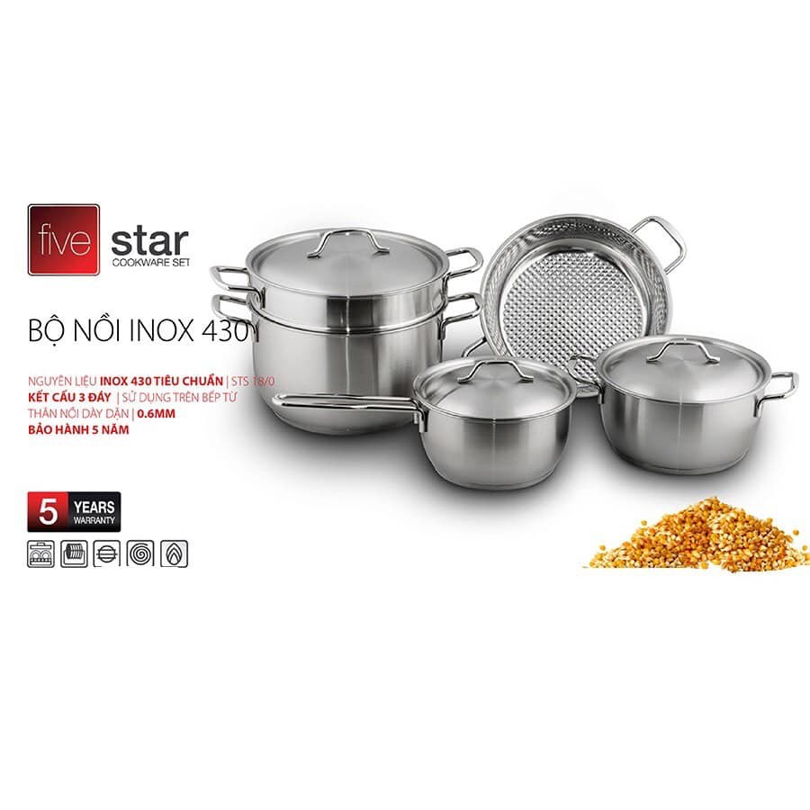 BỘ NỒI INOX 5 MÓN FIVESTAR 3 ĐÁY, gồm 1 nồi inox 3 đáy 20 cm, 24 cm, 1 xửng hấp 24 cm, 1 chảo 24 cm, 1 quánh 18 cm