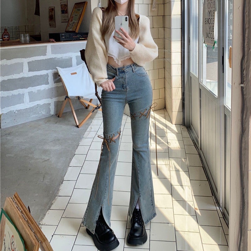 Quần jeans ống loe xẻ tà lưng cao phối dây thắt phong cách retro