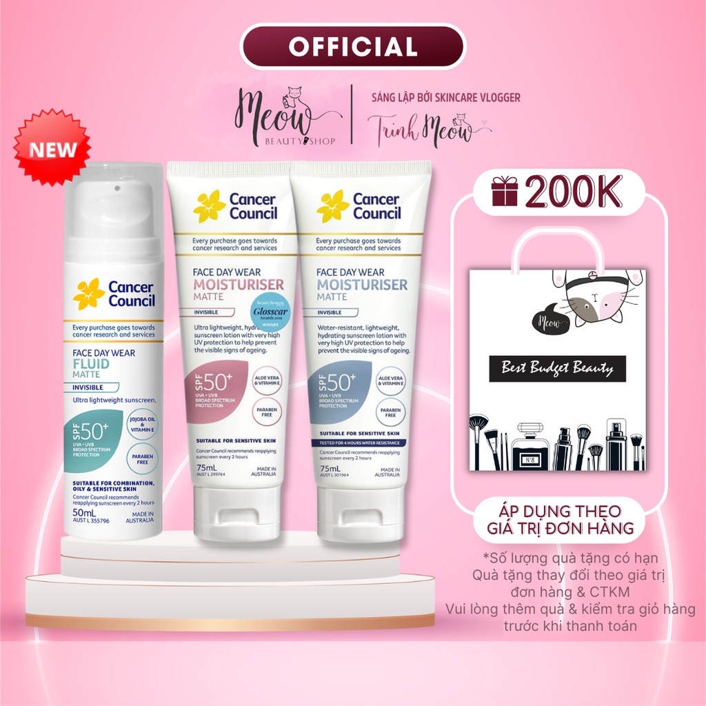 Kem chống nắng Cancer Council phổ rộng Face Daywear Moisturiser Invisible/ Water Resistant SPF50+ - 50ml -75ml