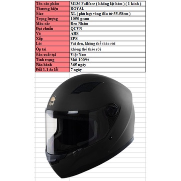 Mũ bảo hiểm Fullface lật hàm Royal M179 - M136 chính hãng bảo hành 12 tháng