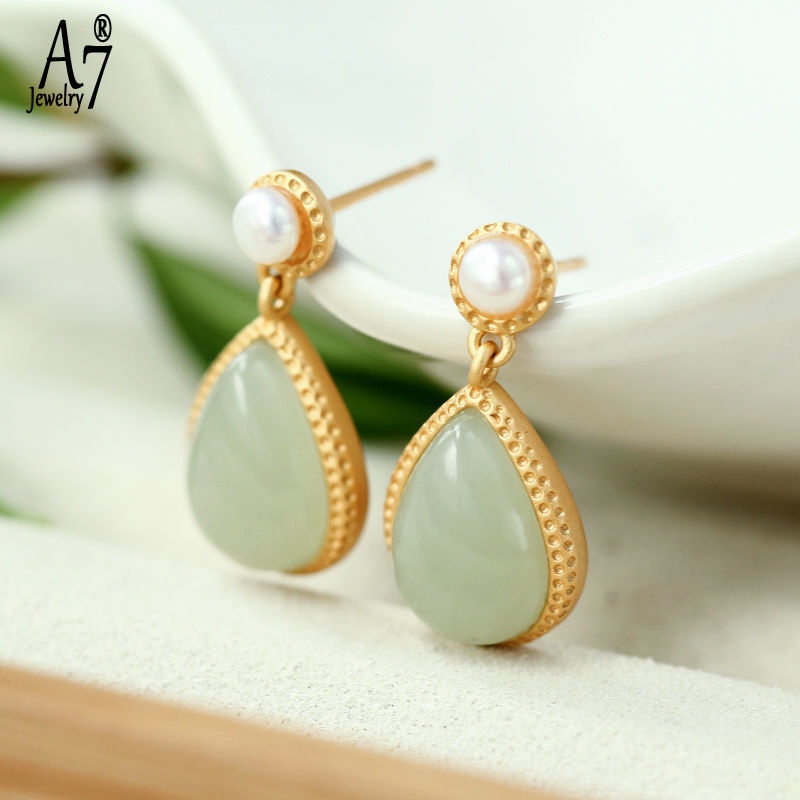 Bông Tai Bạc A7 S925 Đính Đá Ngọc Bích Hình Giọt Nước Thanh Lịch