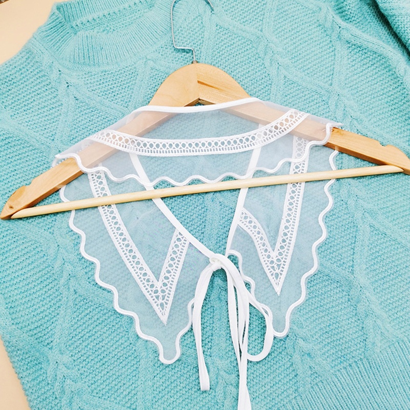 Khăn Choàng Cổ Lưới Xuyên Thấu Màu Trắng Thêu Họa Tiết Hình Học Phối Nơ Cột Dây Có Thể Tháo Rời Cho Nữ