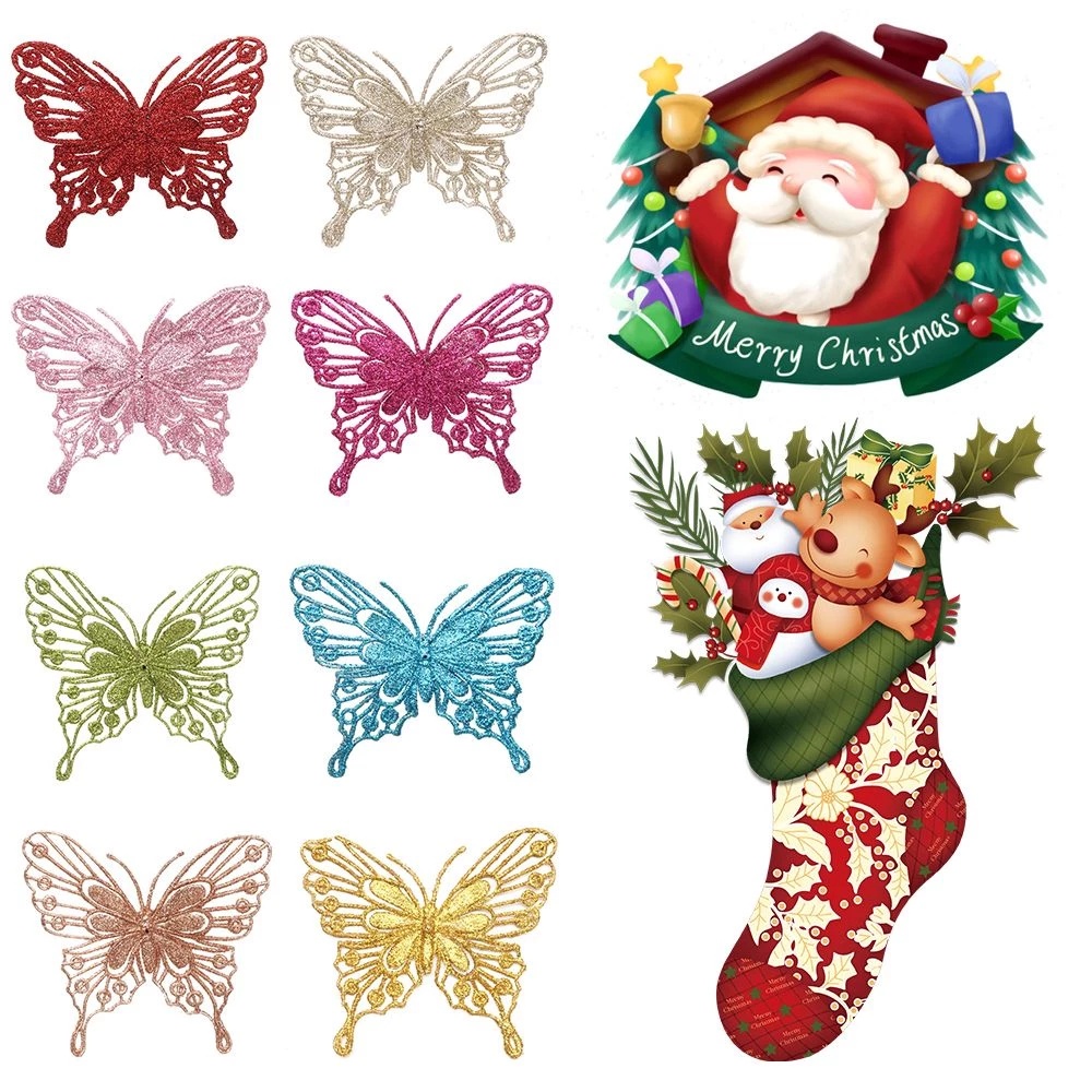 Set 10 Bươm Bướm Bằng Nhựa Lấp Lánh 8 Kiểu Dùng Trang Trí Giáng Sinh