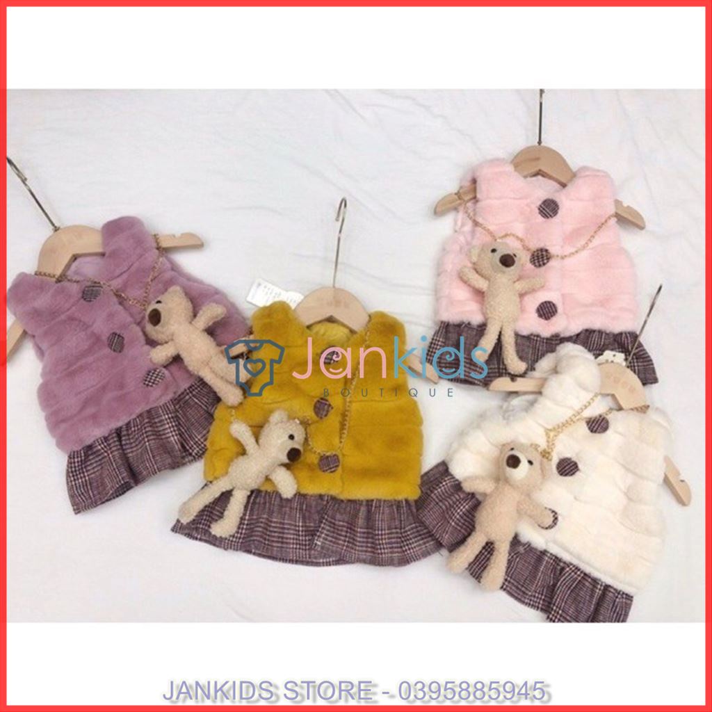 Áo khoác gile lông kèm chân váy kẻ sành điệu cho bé gái hàng quảng châu