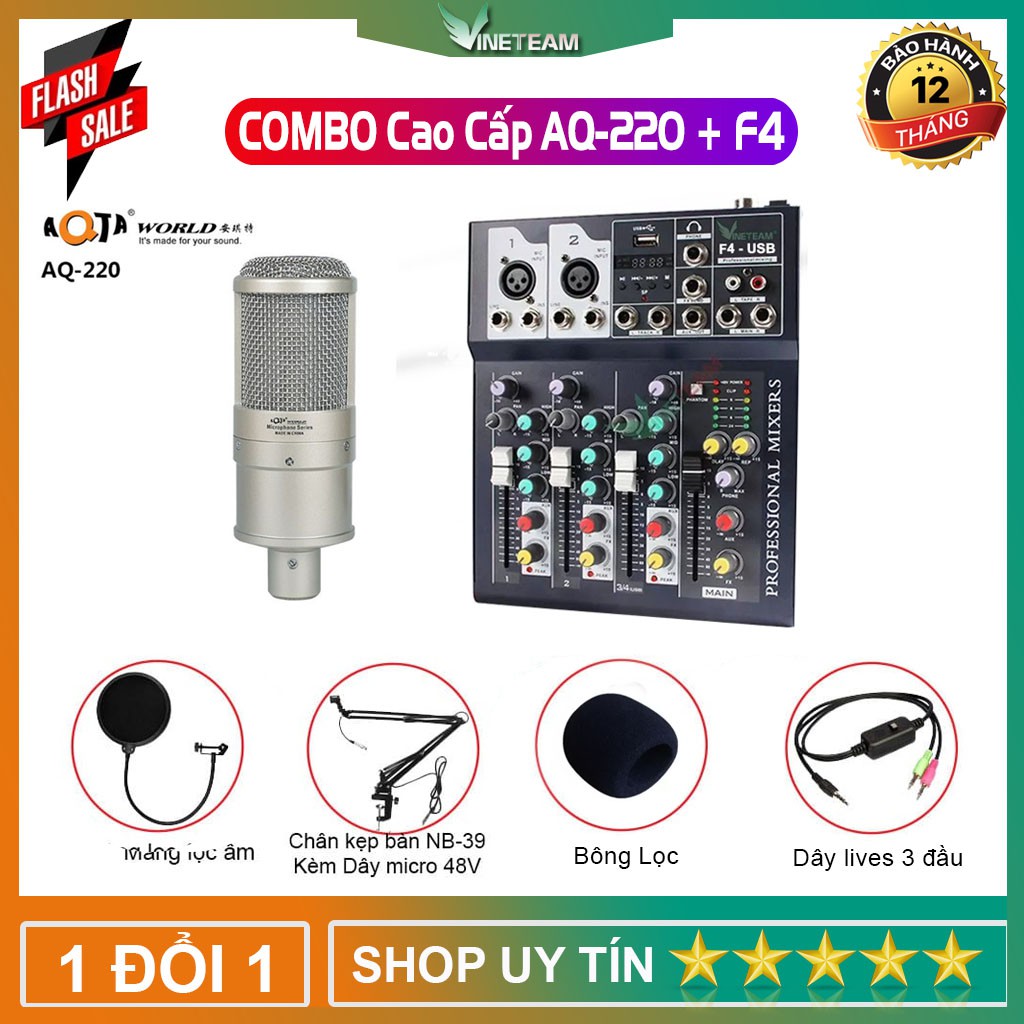 Mic thu âm AQ220 mixer Vinetteam F4 bluetooth dây live stream 3 ĐẦU ,chân kẹp,màng lọc,Jack 6.5 ra 3.5