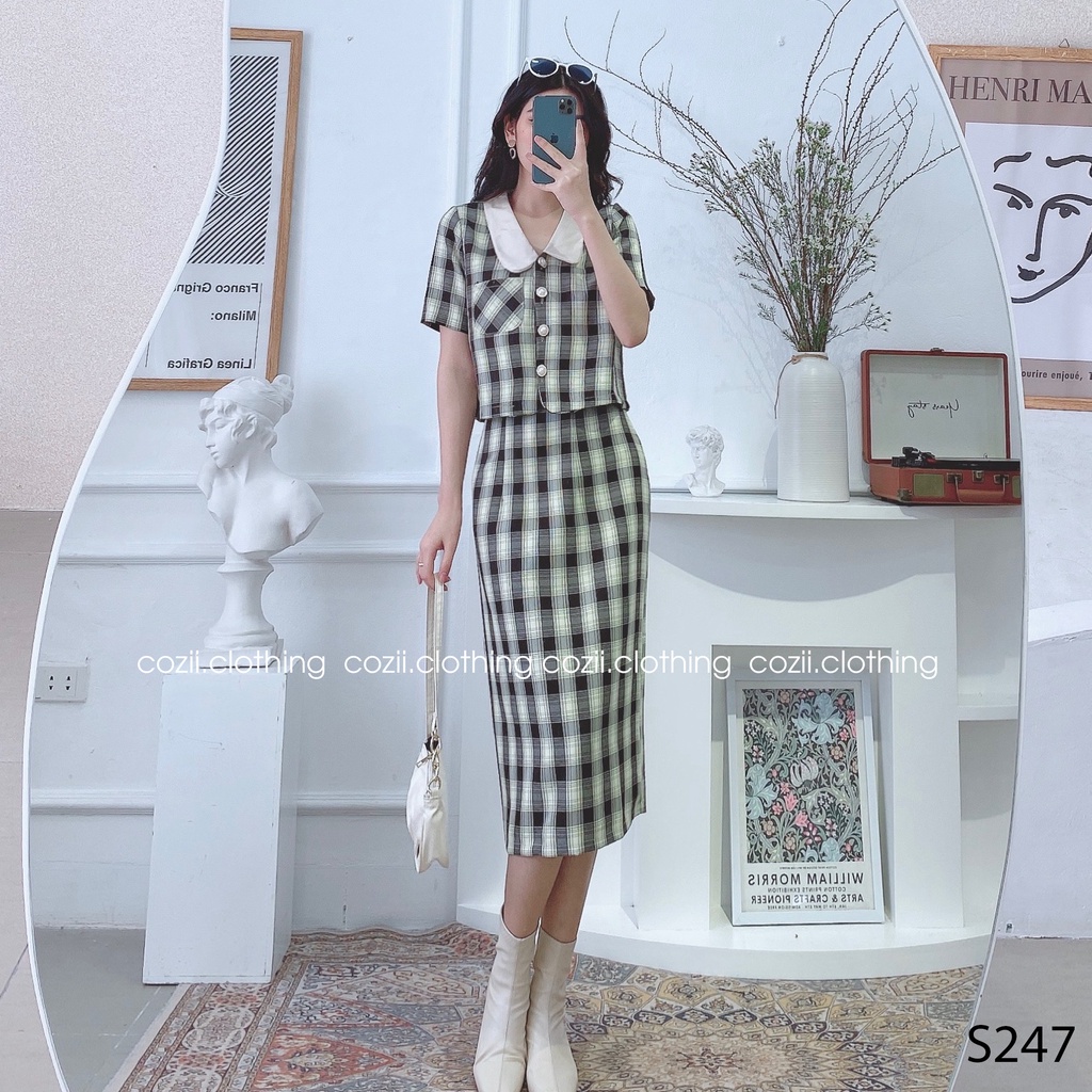 Set Áo Vest Cổ Bèo Chân Váy Dài Kẻ Caro Phong Cách Hàn Quốc Thanh Lịch S247