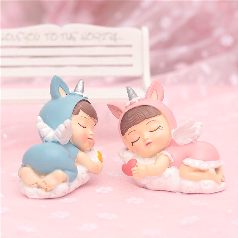 Trang trí bánh sinh nhật, bánh kem - cặp đôi em bé thiên thần nằm ngủ ( 2 bé )