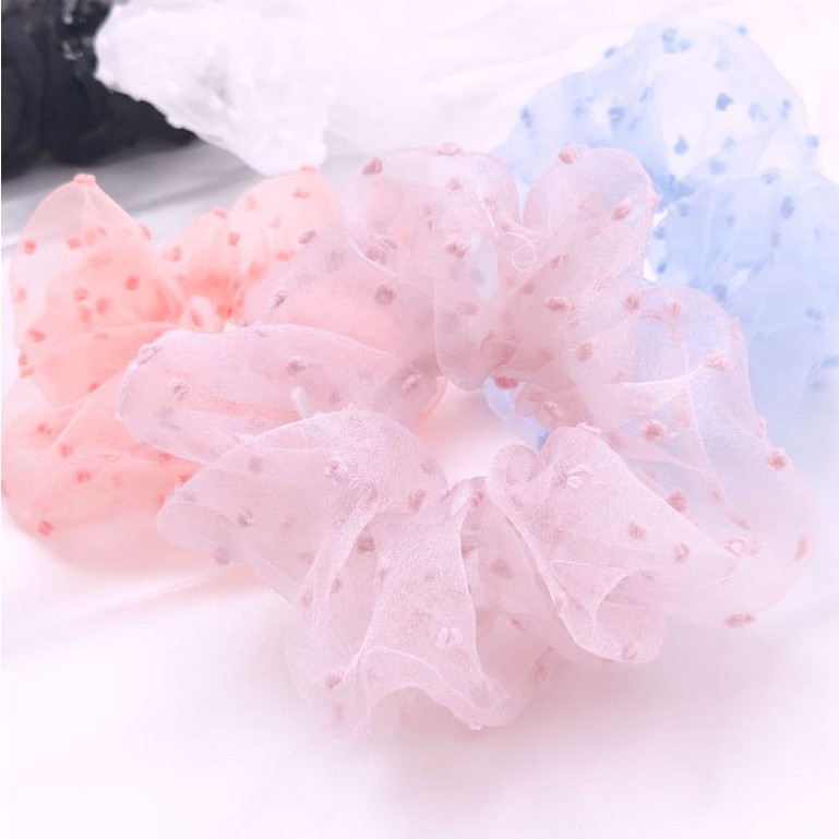 Dây buộc tóc scrunchies voan bông bi