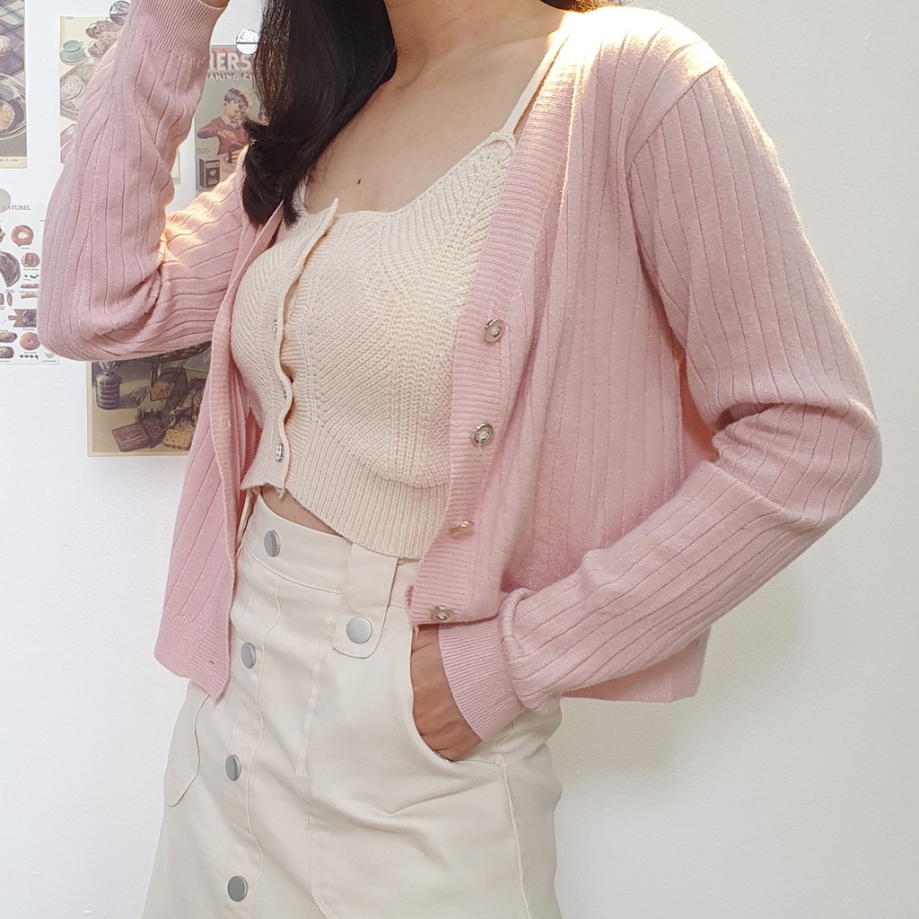 Áo Khoác Cardigan Len Dệt Kim Cổ V Dài Tay Hai Màu Be, Hồng (free size) - Penguin House (Tất cả hình shop tự chụp)