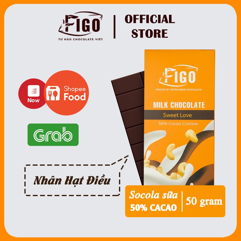 [MUA 6 HỘP TẶNG 1 HỘP 20GR] 6 Hộp Socola sữa 50% Cacao 50GR, Milk Chocolate nhân Hạt dinh dưỡng nhẫn hiệu FIGO thanh 5