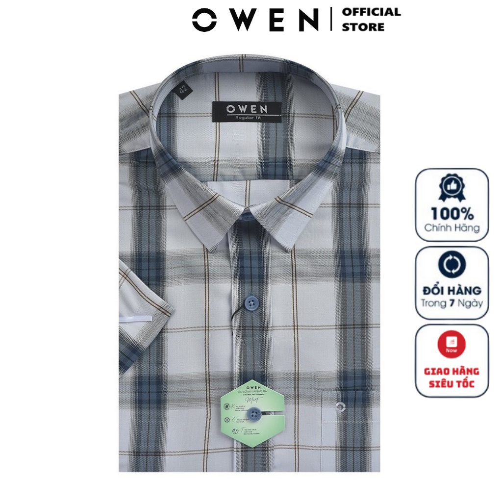 Áo Sơ Mi Nam Ngắn Tay Owen AR220406NT Somi Cộc Tay Công Sở Cao Cấp Màu Trắng Kẻ Xanh Nâu Vải Bạc Hà Dáng Suông Có Túi
