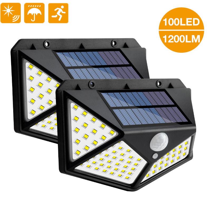 Đèn led gắn tường 100 bóng sử dụng năng lượng mặt trời cảm biến chuyển động chống nước ngoài trời kèm phụ kiện