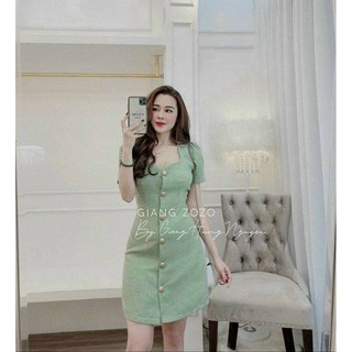 Nhilashop | đầm xanh cổ vuông nút ngọc chất vải xịn xò
