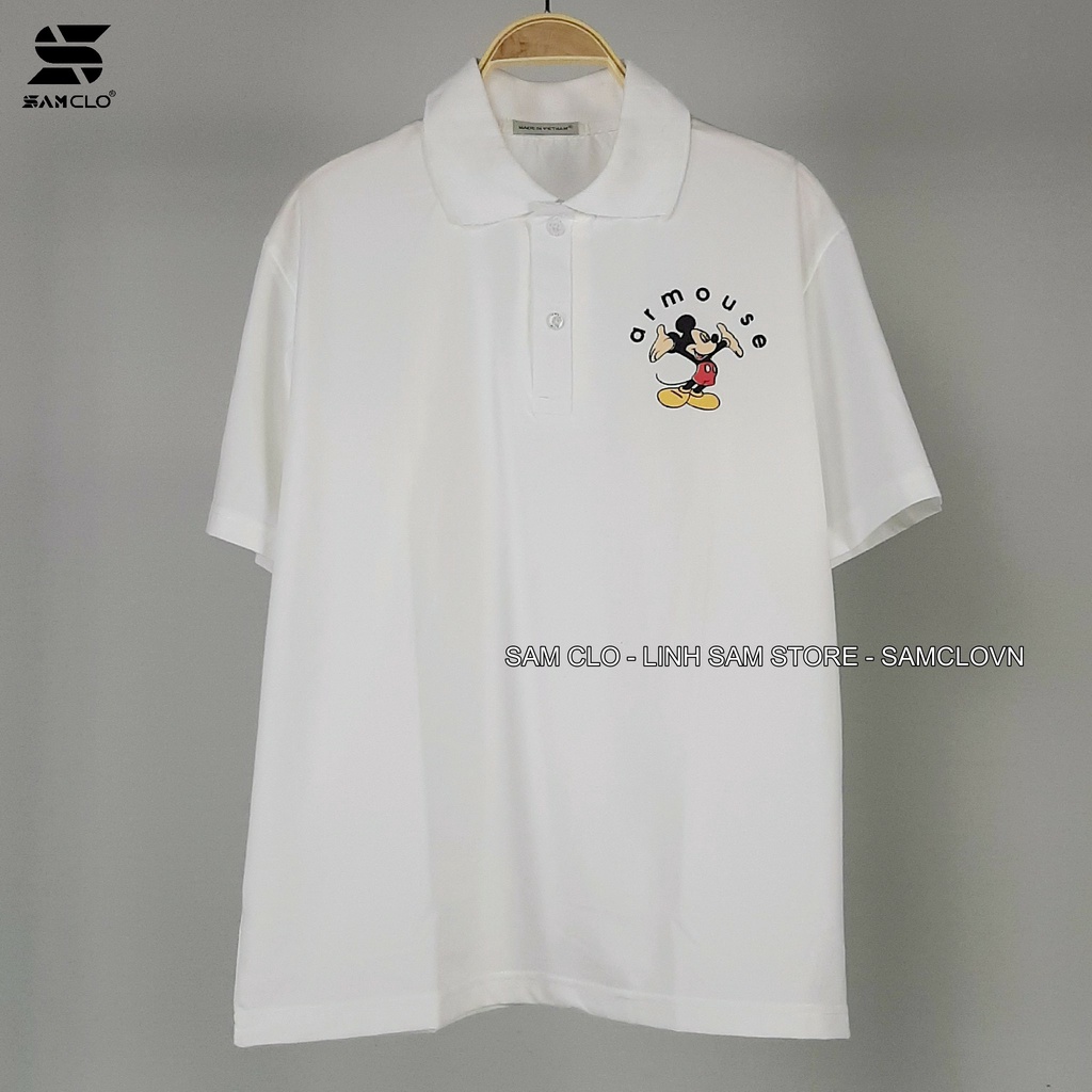 Áo thun POLO nữ tay lỡ có cổ phông form rộng freesize unisex mặc đi học, cặp, nhóm, lớp chữ AR MOUSE hình MICKEY