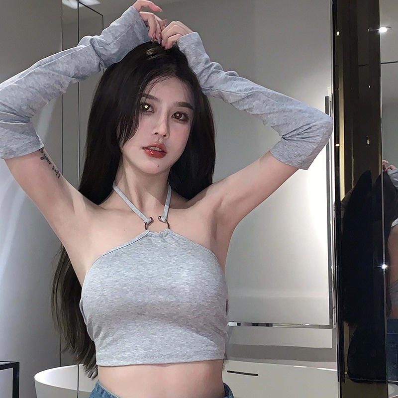 Áo Croptop Tay Dài Hở Vai Màu Sắc Đơn Giản Quyến Rũ Cho Nữ