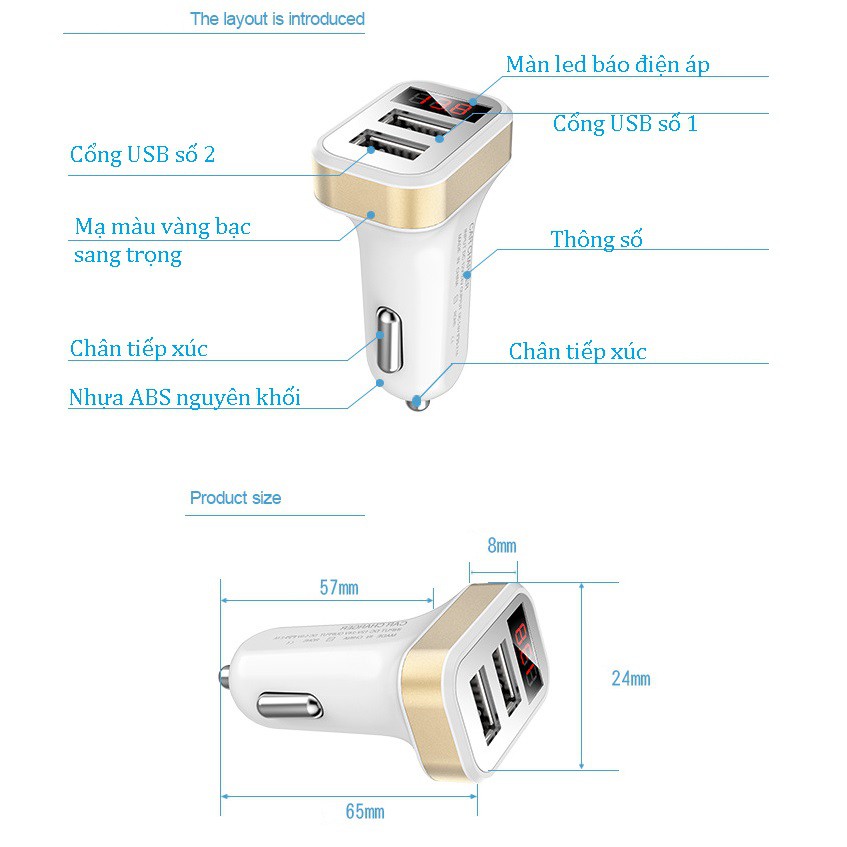 Tẩu sạc kép 2 usb CÓ BÁO ĐIỆN ÁP hỗ trợ sạc nhanh trên ô tô điện 12-24V