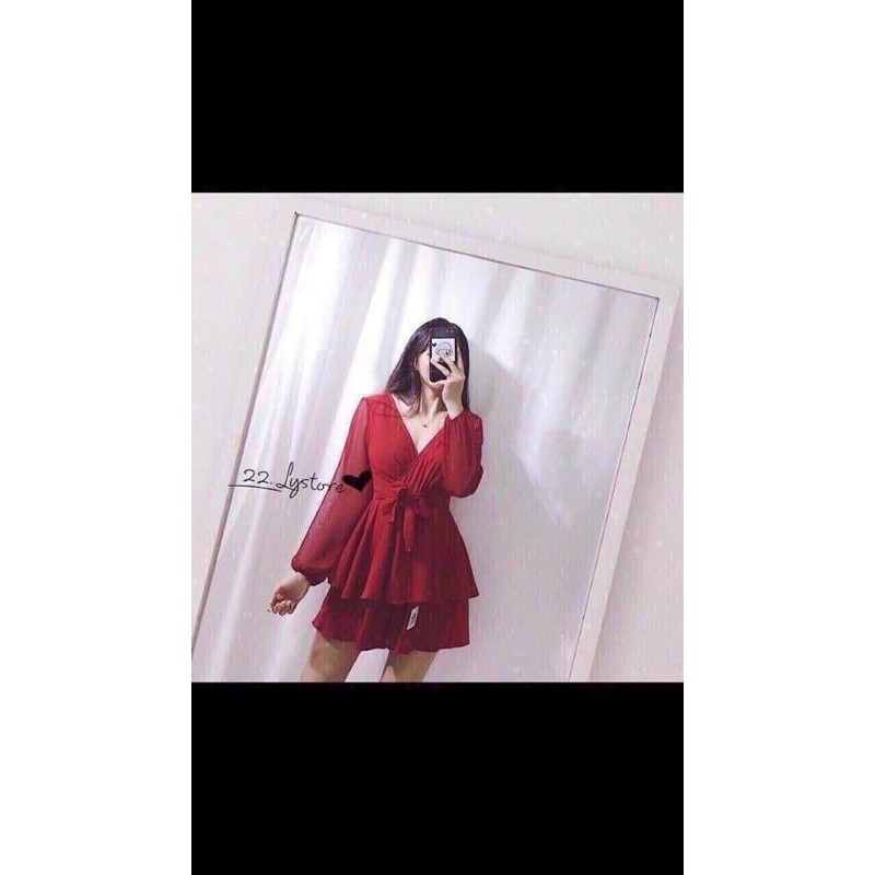 Đầm xòe hai tầng cổ tim tay dài dễ thương