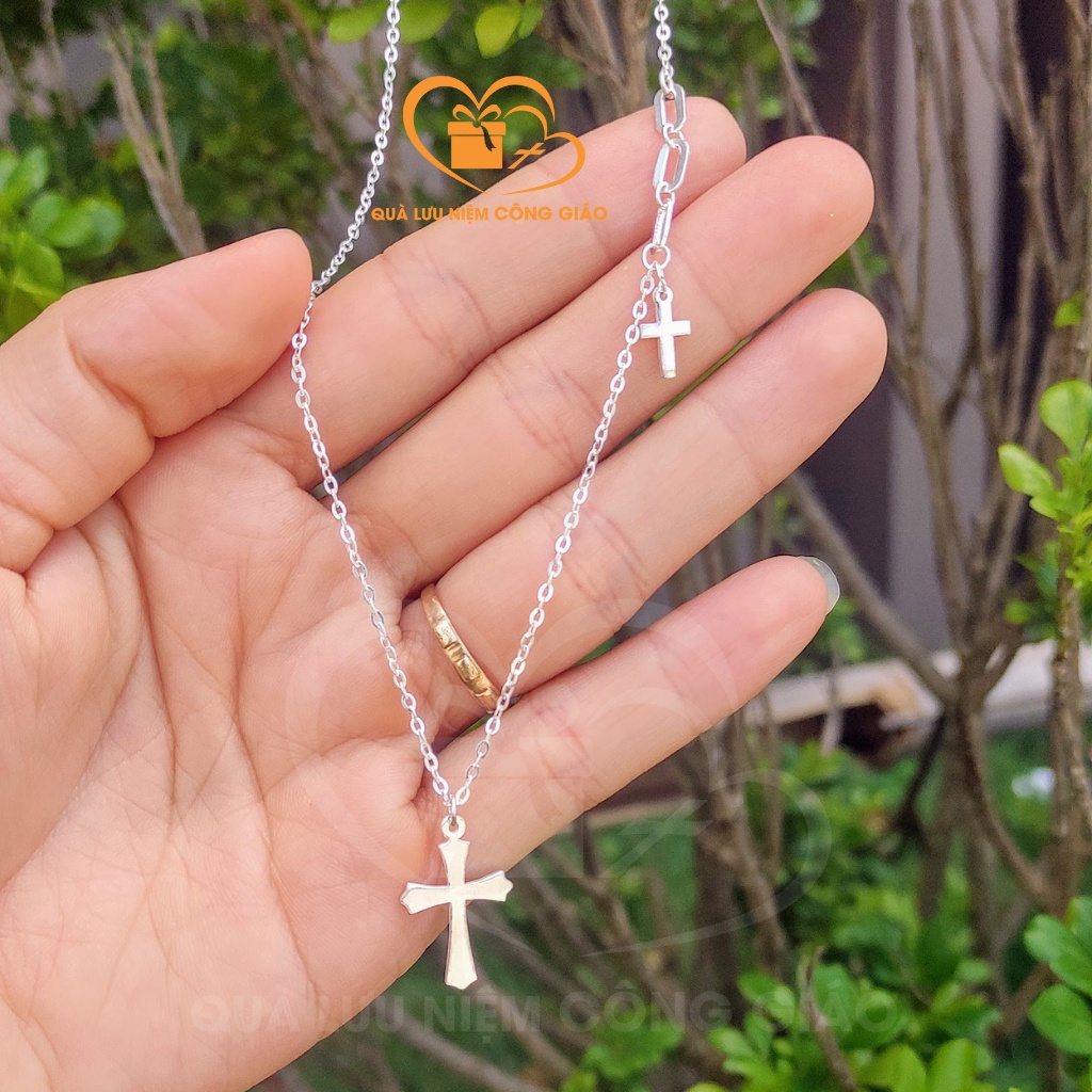 Dây chuyền nữ 2 hình Thánh giá chất liệu bạc Quà Lưu Niệm Công Giáo