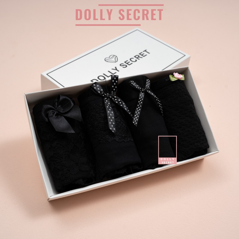 [Mã WASTUP24 giảm 10K đơn 50K] Hộp 4 Quần lót nữ chất liệu cotton kháng khuẩn nâng mông màu đen pha ren DOLLY SECRET | BigBuy360 - bigbuy360.vn