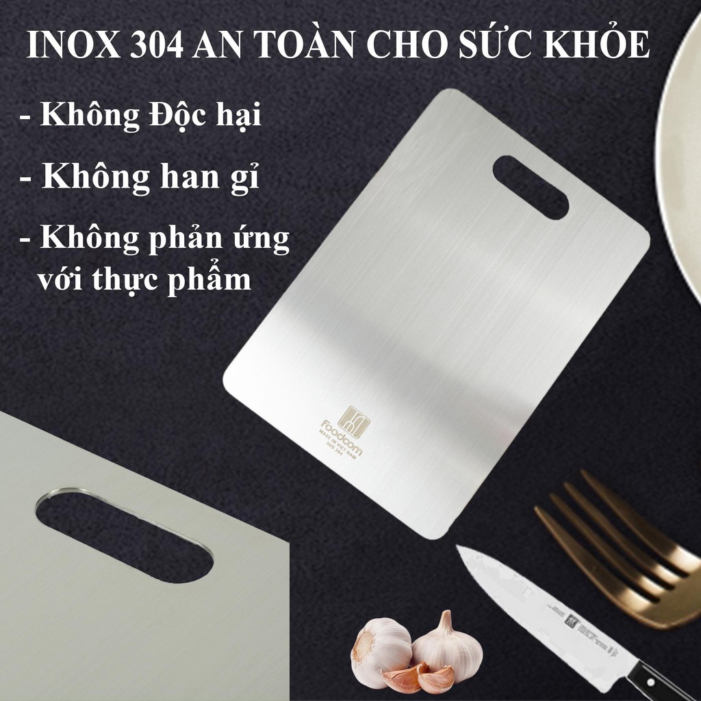 Thớt Inox 304 💝FREESHIP + HOÀN XU💝Chính Hãng Foodcom Việt Nam [Tặng 2 móc treo siêu dính] Size 33cm x 23cm FC008