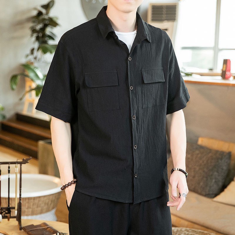 Áo đũi nam cộc tay cổ bẻ, áo sơ mi đũi có túi trước ngực - PANDO FASHION SM33 | BigBuy360 - bigbuy360.vn