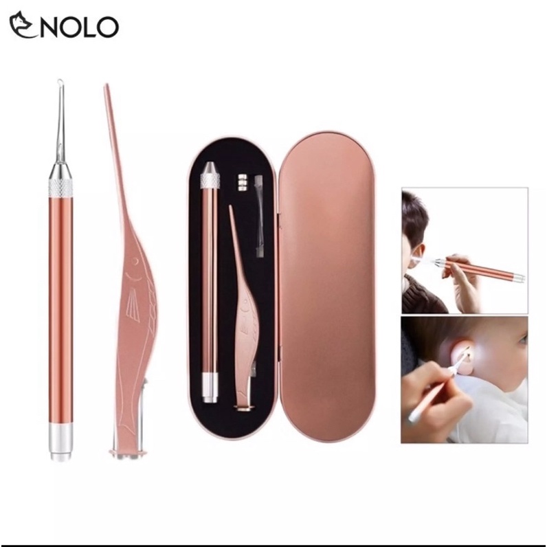 Ngoáy tai có đèn, dụng cụ lấy ráy tai có đèn chiếu sáng hộp inox 3 trong 1