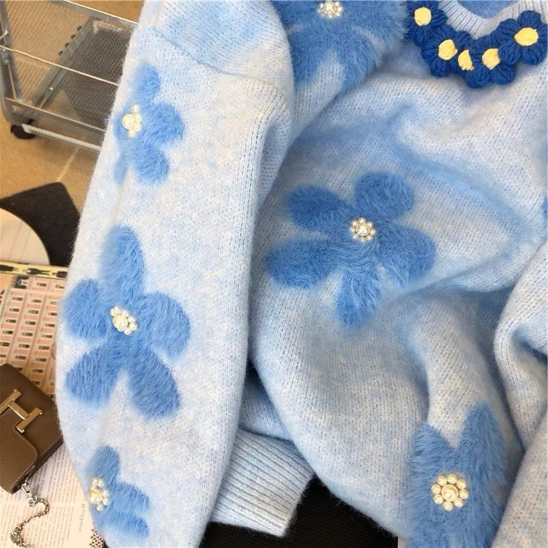 Áo Sweater Màu Xanh Sữa Đính Hạt Mềm Mại Thời Trang Thu Đông 2022 Cho Nữ