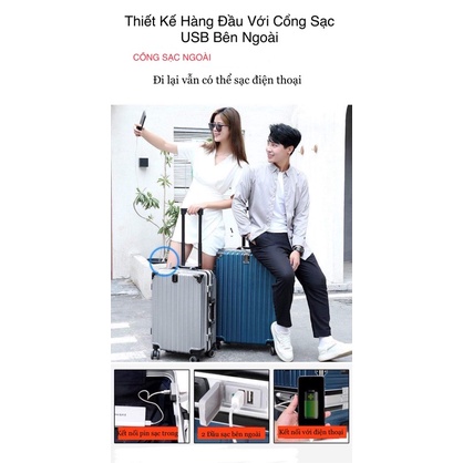 Vali Có Cổng Sạc USB Bên ngoài - Khoá Kép Chống Chộm - Khung Nhôm Chống Móp Méo - Chống Chày Xước Cao Cấp