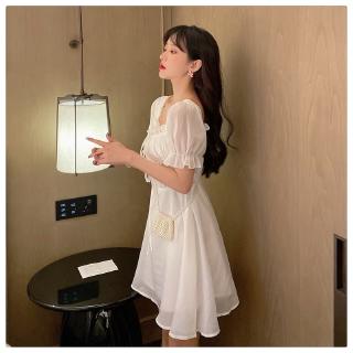 Váy voan tay bồng cổ vuông xếp ly thắt dây nữ tính duyên dáng phong cách retro Pháp