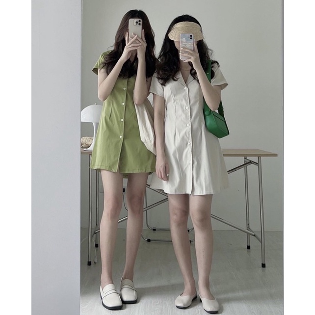 VÁY CỔ VEST 6 MÀU BO CHUN SAU Váy Sơ mi Chiết Eo Lưng Chun Phong Cách Ulzzang