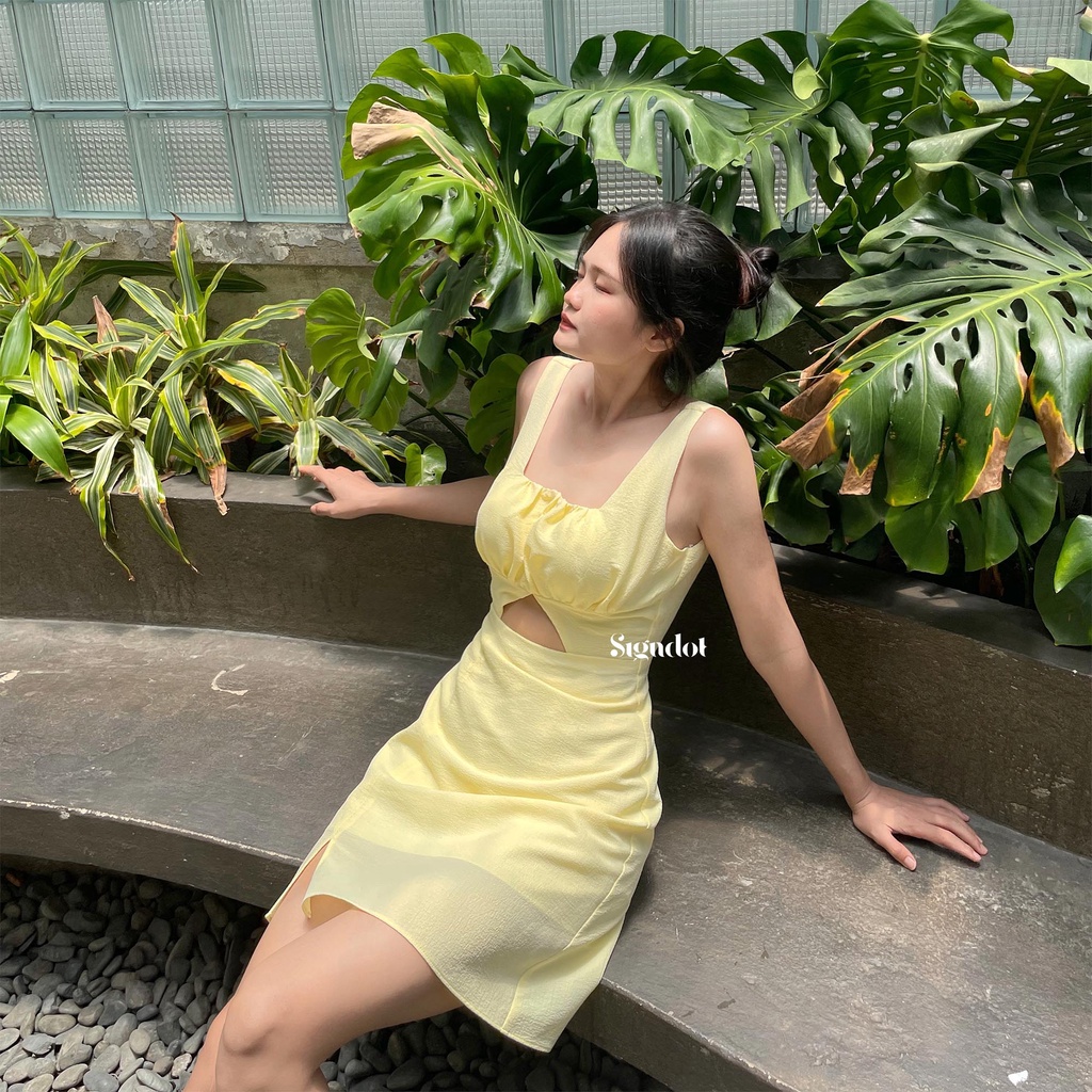 Đầm body nữ cổ vuông khoét eo vàng sexy - Ribbed minidress