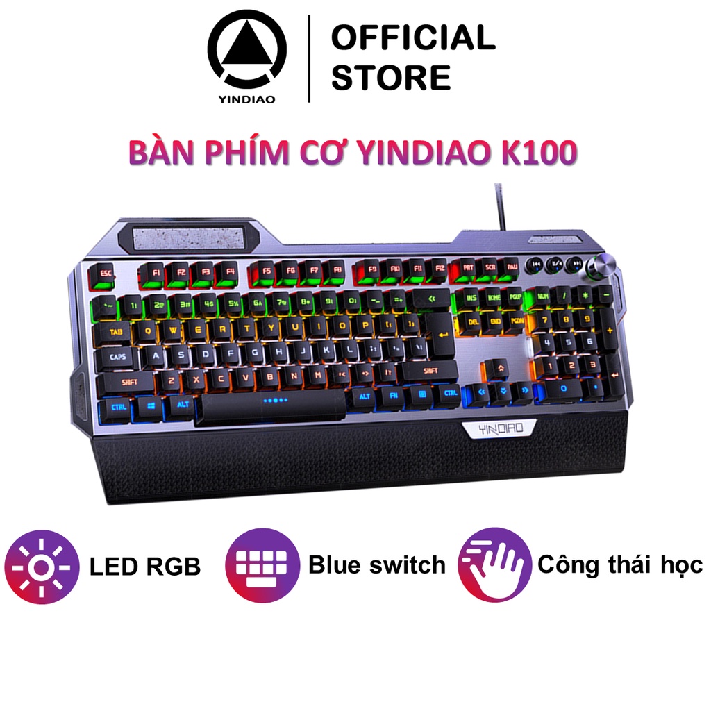 Bàn phím cơ YINDIAO K100 phiên bản gaming 104 phím full size cấu trúc blue swtich có LED kê tay chống mỏi - Chính hãng