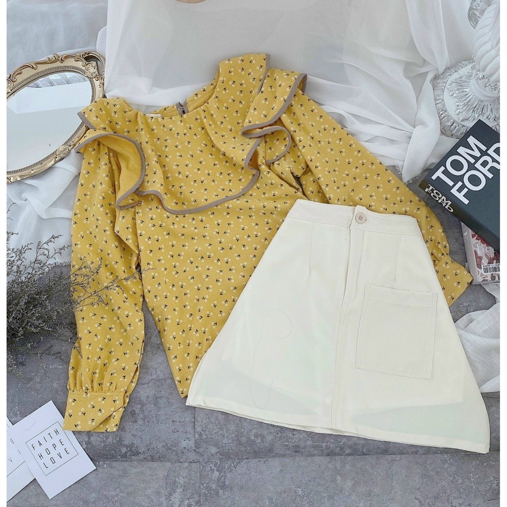 🎶🎶Set áo sơ mi cổ bánh bèo vàng mix chân váy kaki cực xinh cho nàng công sở nhà Tiệm nhỏ của Ryn | BigBuy360 - bigbuy360.vn