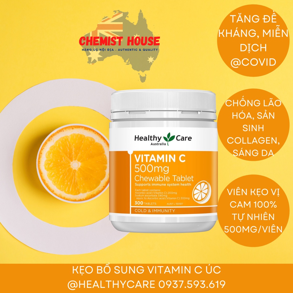 [Hàng Chuấn Úc] Viên C Hỗ Trợ Giảm Các Triệu Chứng Do Cảm Lạnh TĂNG ĐỀ KHÁNG Healthy Care Vitamin C 500mg Chewable