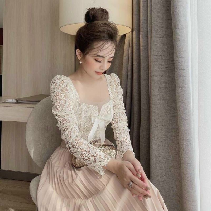 Áo ren tay dài 2 lớp nơ có sẵn mút ngực