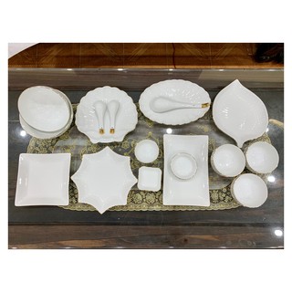 Bộ bát đĩa trắng 20 chi tiết trắng vẽ vàng kim gốm sứ Bát Tràng