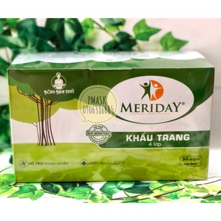 Khẩu trang Meriday Bông Bạch Tuyết 4 lớp màu Xanh Kháng khuẩn 50 cái/ hộp