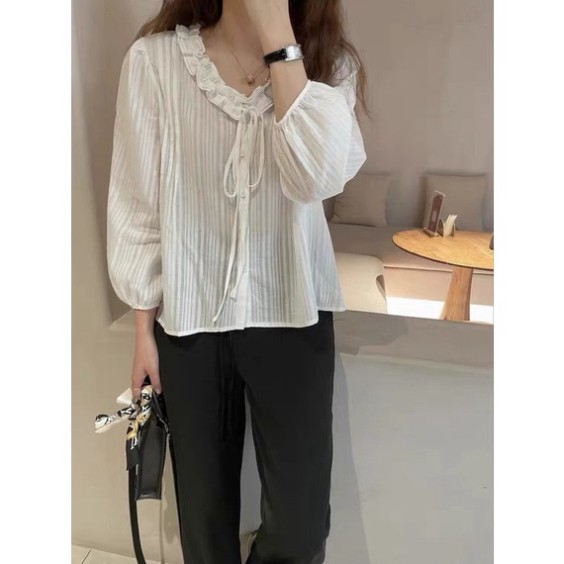 áo babydoll tiểu thư trắng cổ bèo kèm nơ A.207 freeship ao.vn | BigBuy360 - bigbuy360.vn