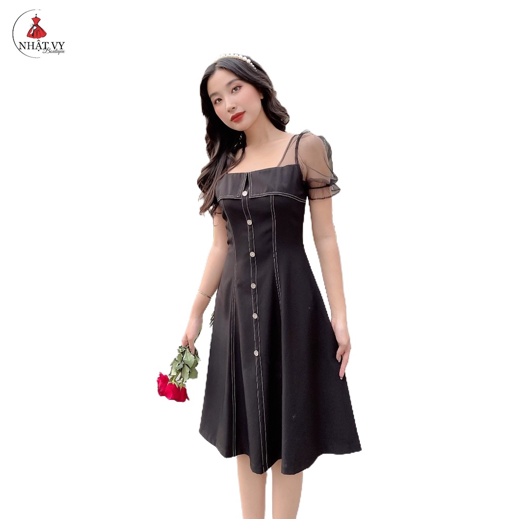 Đầm Nữ NHẬT VY Viền Chỉ Tay Lưới Đính Cúc Khóa Kéo Chất Cotton Đi Tiệc Dáng Xòe Màu Đen, Đỏ, Nude - D1862