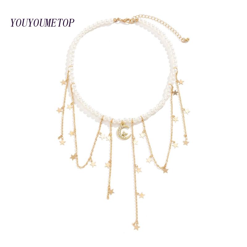 Vòng Cổ Choker Thiết Kế Chuỗi Hạt Ngọc Trai Mặt Ngôi Sao Phong Cách Baroque