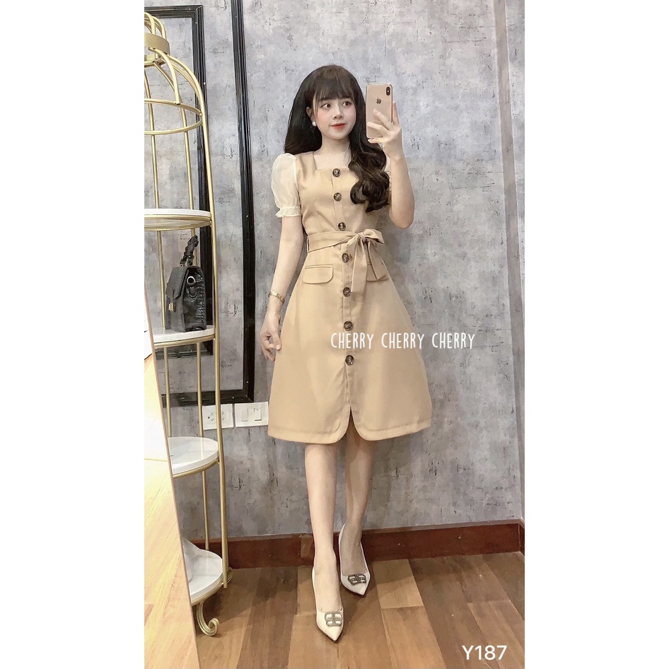 Váy văn phòng đai eo tay phối Y187