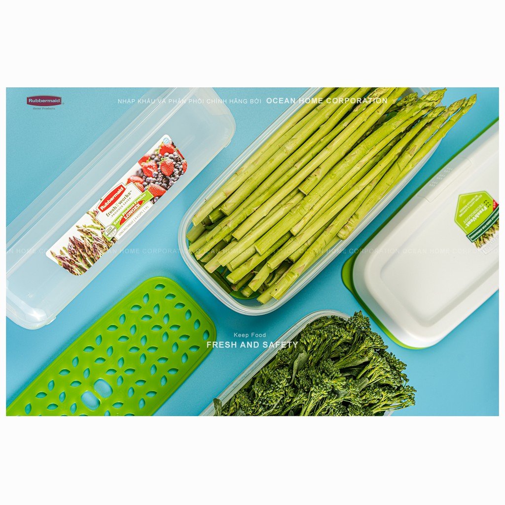 Hộp bảo quản rau củ quả RUBBERMAID có nắp màu xanh bằng nhựa nguyên sinh cao cấp loại 1,9L - Chính Hãng từ Mỹ