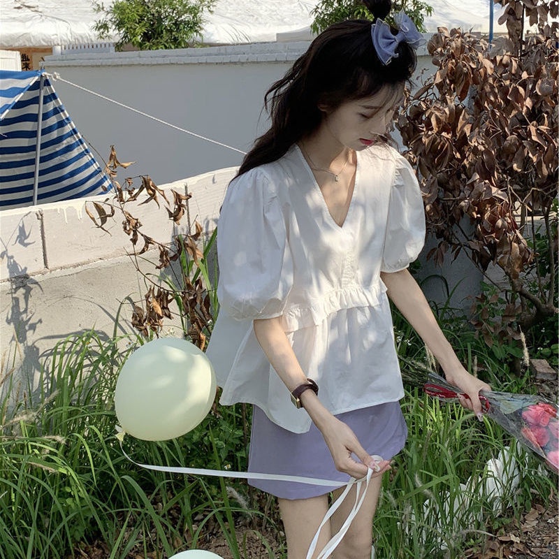 Áo Kiểu Tay Phồng Cổ Chữ V Dáng Rộng Thiết Kế Ngọt Ngào Thời Trang Mùa Hè Mới Cho Nữ