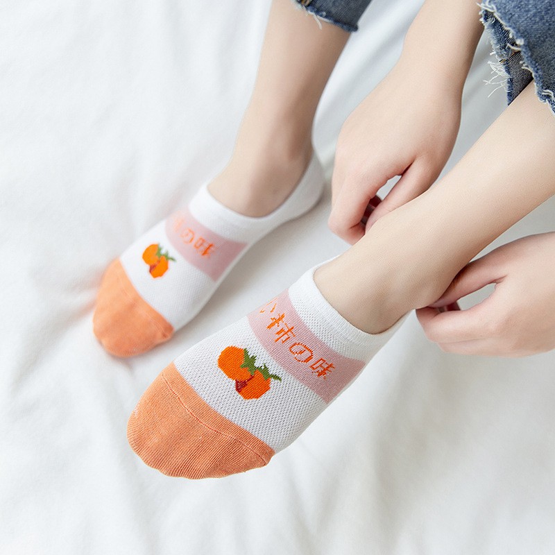 WAFNHA D270 Vớ Cotton Cổ Thấp Chống Trượt In Họa Tiết Dâu Tây Hồng