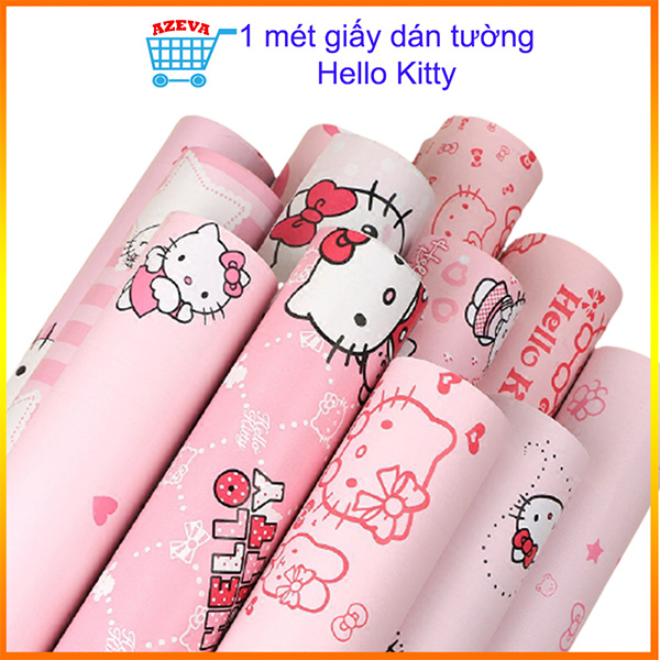 Giấy dán tường Hello Kitty khổ rộng 45cm có keo sẵn, Decal giấy dán tường Hello Kitty dễ thương - AZEVA