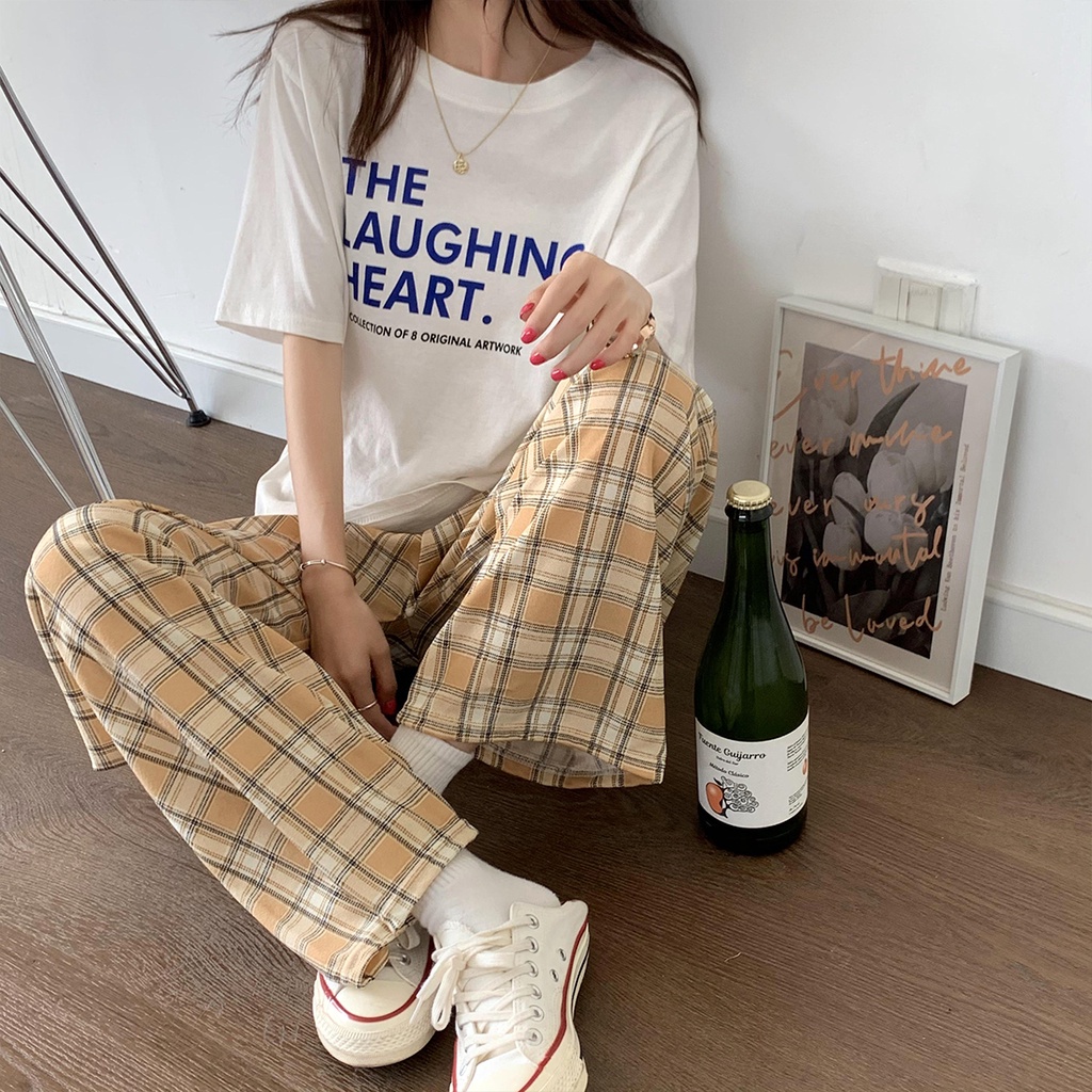 Quần dài ống rộng họa tiết caro thời trang cá tính dành cho bạn nữ