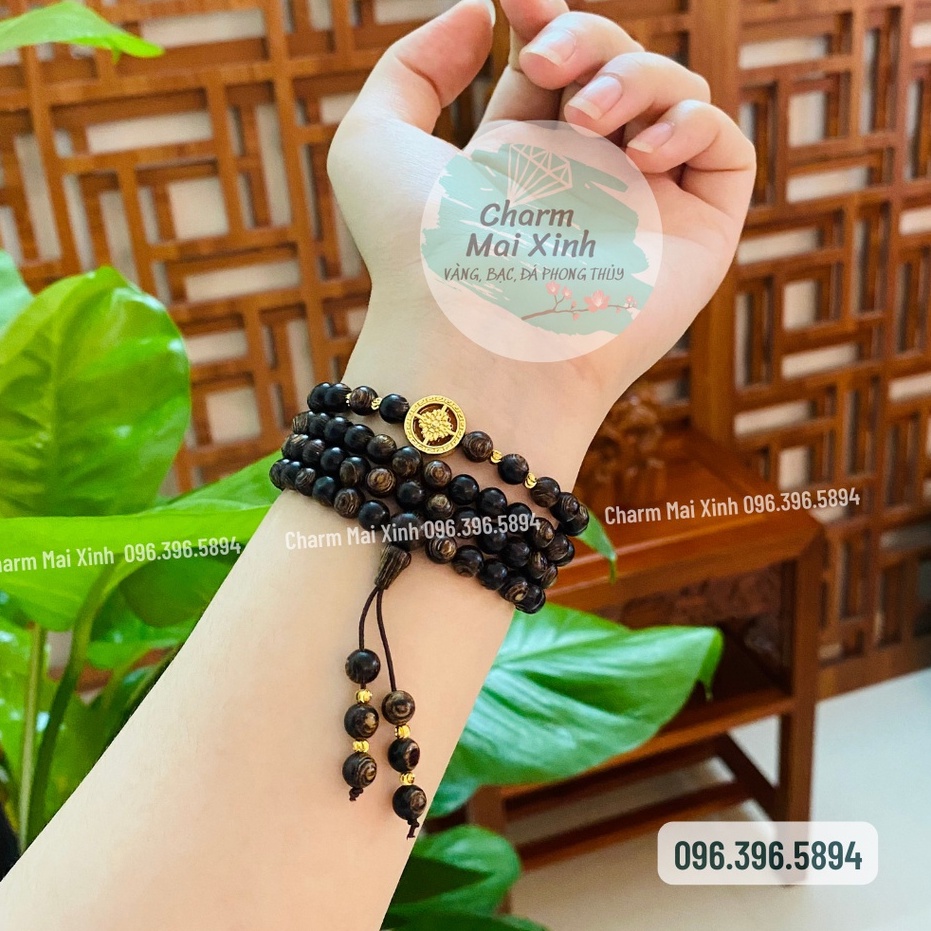 Chuỗi Trầm Hương Sánh Chìm 108 hạt phối Bánh Xe Pháp Luân Hồi - Vòng Tay Hoa Gỗ tự nhiên Nam Nữ phong thuỷ