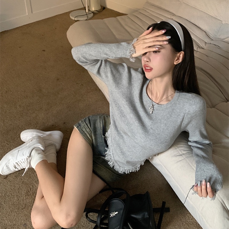 Áo Thun Tay Dài Dệt Kim Thiết Kế Tua Rua Hợp Thời Trang