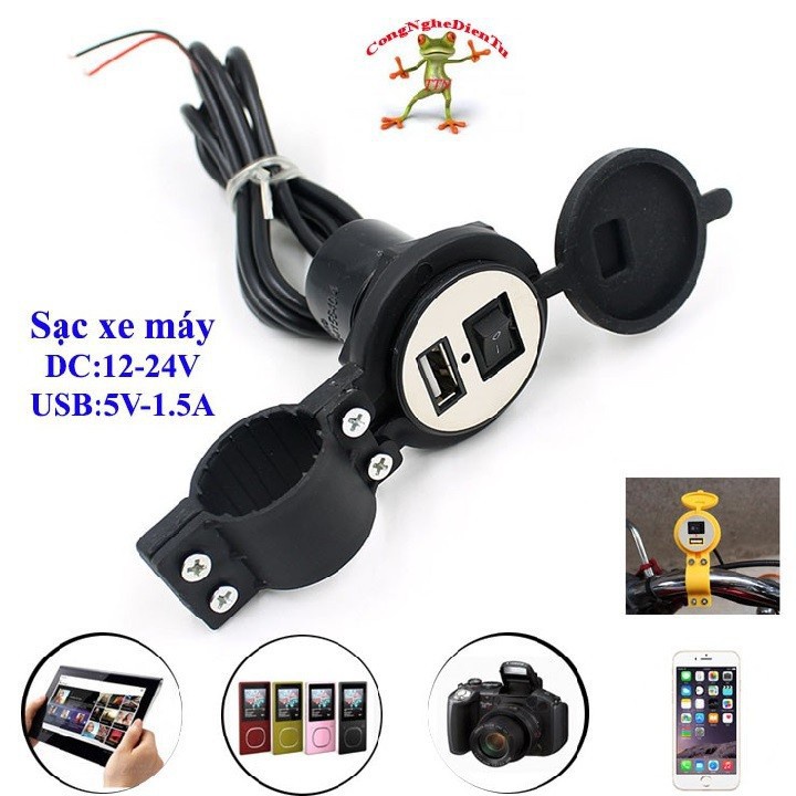 [FREESHIP] Bộ Sạc Điện Thoại Lắp Trên Xe Máy Xe Đạp Điện 1.5A Có Cổng Sạc