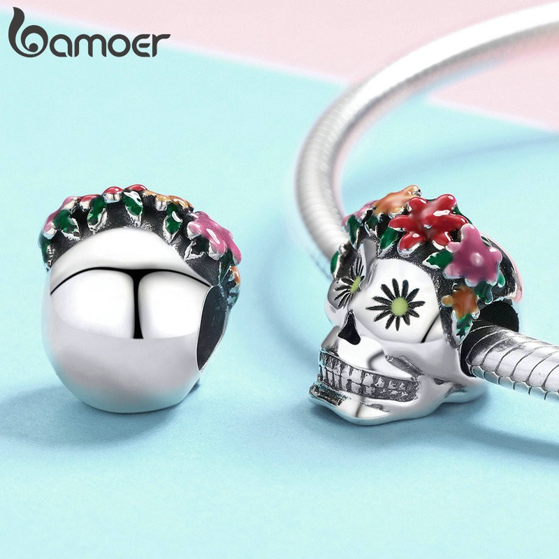 Hạt xỏ vòng tay Bamoer bằng bạc 925 hình đầu lâu phối hoa nhiều màu sắc sáng tạo
